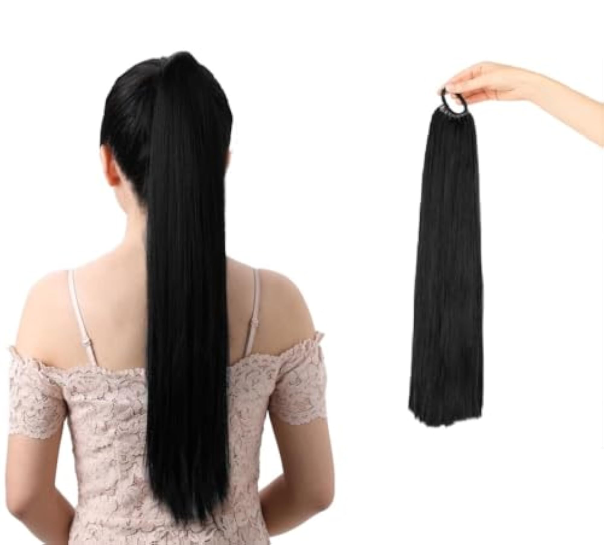 Women's 30 Inch Black Elastic Rubber Band Ponytail Extension